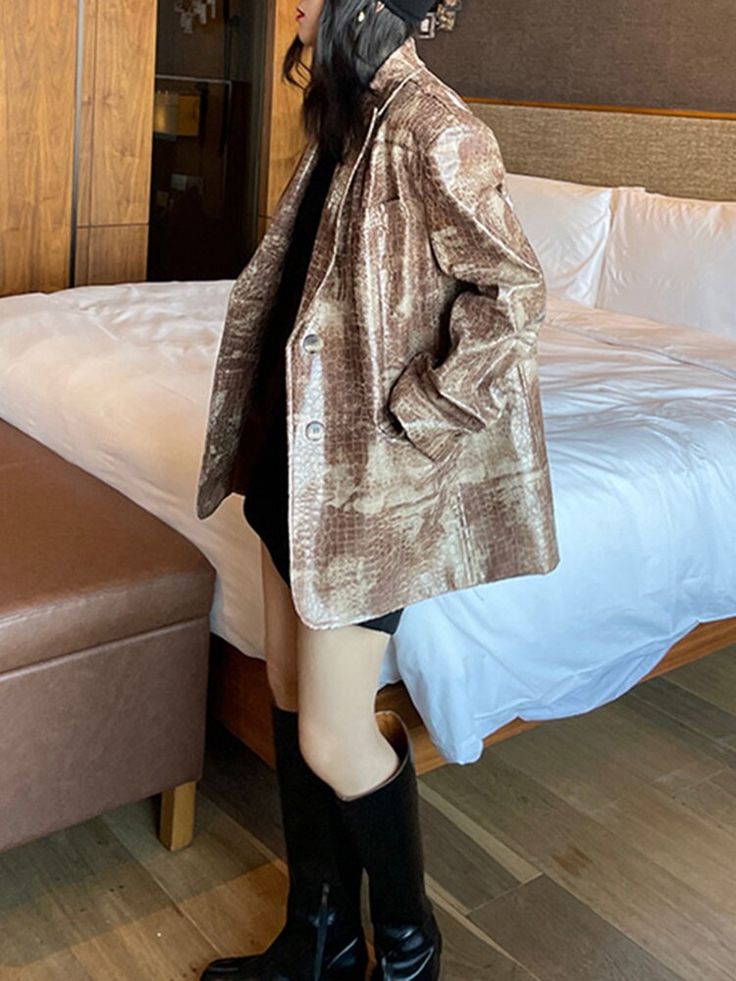 Fabric: PolyesterSIZE (Unit: CM):S,M,LS Length: 74 Bust: 110 Shoulder: 47 Sleeve: 60M Length: 75 Bust: 114 Shoulder: 48 Sleeve: 61L Length: 76 Bust: 118 Shoulder: 49 Sleeve: 62Washing method: gently wash Note:(1 inch = 2.54 cm, 1 cm = 0.39 inch) Trendy Brown Blazer With Lapel Collar, Chic Fall Leather Jacket With Lapel Collar, Trendy Single Breasted Brown Blazer, Trendy Brown Single Breasted Blazer, Brown Fall Blazer For Night Out, Beige Single Breasted Blazer For Party, Trendy Brown Single-breasted Blazer, Brown Blazer For Night Out In Fall, Beige Single-breasted Party Blazer