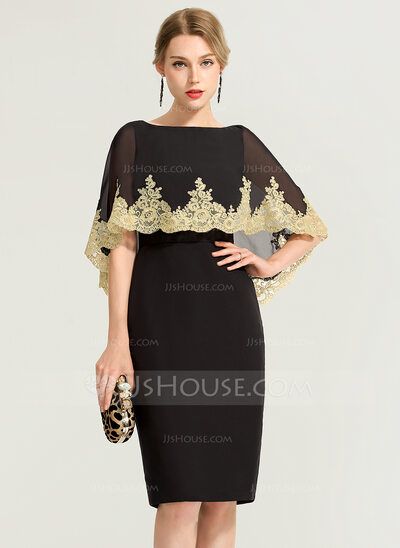 Sheath/Column Scoop Neck Knee-Length Chiffon Cocktail Dress With Lace Tule Rok Outfits, Cape Brokat, Modern Filipiniana Dress, Tulle Skirts Outfit, Black Dress With Lace, Filipiniana Dress, Gold And Black Dress, Chiffon Cocktail Dress, Long Cocktail Dress