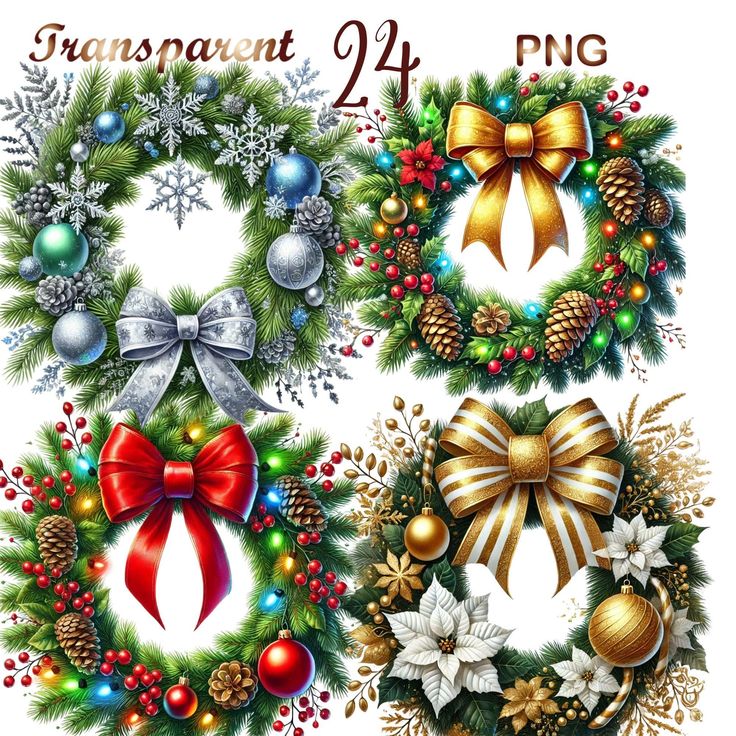 four christmas wreaths with bows and ornaments