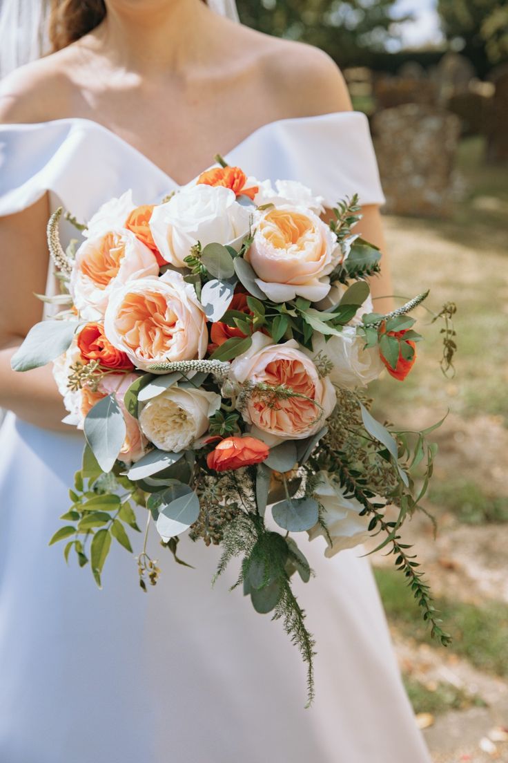 Autumn bridal bouquet with Juliet roses, ferns and eucalyptus. Orange, peach and white. Autumn wedding. Wedding flowers. Juliet Rose Wedding Bouquet, Autumn Bridal Bouquet, Juliet Rose, Autumn Bridal, Bridal Bouquet Fall, Rose Wedding Bouquet, Roses Bouquet, Cabbage Roses, David Austin