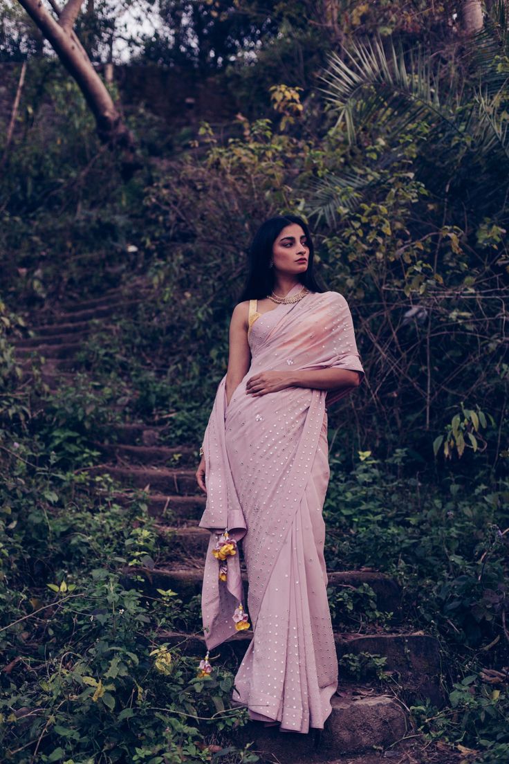 Cotton Silk Pre-draped Saree With Mirror Work, Pink Embroidered Cotton Silk Pre-draped Saree, Embroidered Cotton Silk Pre-draped Saree For Party, Reception Cotton Silk Blouse Piece With Chikankari Embroidery, Reception Chikankari Embroidery Pre-draped Saree In Cotton Silk, Cotton Silk Pre-draped Saree With Chikankari For Reception, Reception Blouse Piece With Chikankari Embroidery On Cotton Silk, Transitional Cotton Silk Pre-draped Saree With Chikankari Embroidery, Eid Cotton Silk Blouse Piece With Mirror Work