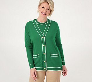 So fresh and fetching, this relaxed-fit cardi punches up any basic bottom with its twin tipped trim detail. Tie it around your shoulder for a throwback preppy look (and for unpredictable temps). From Isaac Mizrahi Live!TM. Spring Long Sleeve Cardigan With Contrast Trim, Spring Cardigan With Contrast Trim And Long Sleeves, Classic Fall Cardigan With Contrast Trim, Classic Spring Outerwear With Contrast Trim, Casual Sweater With Contrast Trim For Fall, Casual Fall Sweater With Contrast Trim, Casual Winter Sweater With Contrast Trim, Twin Tips, Preppy Look