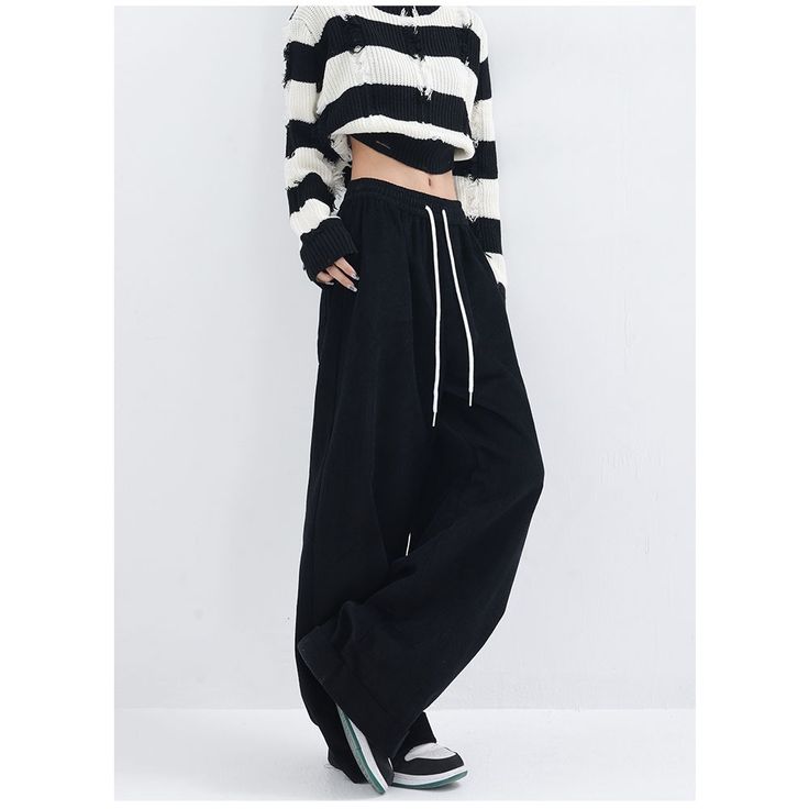 J-019-31 Trendy Cotton Wide Leg Pants For Winter, Black Baggy Sweatpants For Spring, Baggy Black Sweatpants For Spring, Black High Waist Wide Leg Pants For Winter, Full Length Black Cotton Sweatpants, Black Cotton Full Length Sweatpants, Black Wide Leg Pants For Streetwear In Fall, Black Wide Leg Pants For Fall Streetwear, Casual Black Wide Leg Pants For Winter