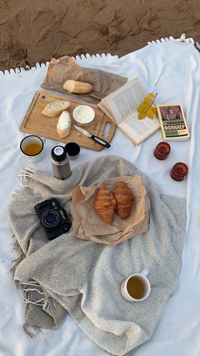 some food is laying out on a blanket with coffee and an open book next to it