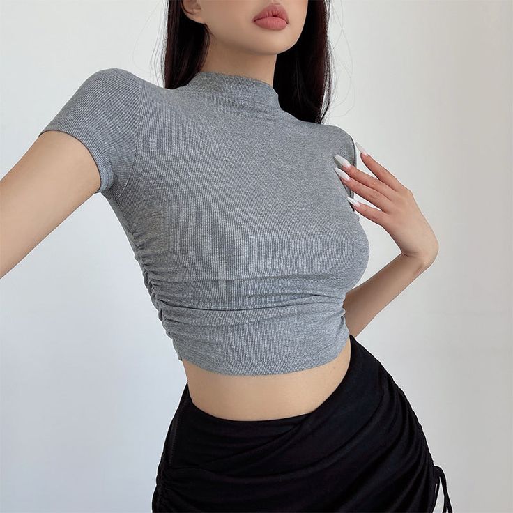 size Length of clothing (including the middle of the collar). Bust Shoulder width Sleeve length S 42 56+ 28 12 M 43 60+ 29 13 L 44 64+ 30 14 Measurement unit: centimeters. Please understand that there is a 1-3cm error range due to different measurement methods. Age: 18-24 years oldSize: S M LPattern: Solid colorStyle: StreetStreets: European and AmericanCollar: Half-height neckPopular elements: Solid colorMain colors: Black White Grey Mocha Brown Grape VioletSleeve type: Short sleeveCatalog numb Gray High Stretch Casual Tops, Fitted Collared Top In Solid Color, Trendy High Neck Solid Color Tops, Casual High Neck Solid Color Tops, Casual High Stretch Solid Color Tops, Casual Fitted Solid Top, Casual High Neck Plain Tops, Trendy Fitted Solid Tops, Gray Stretch Tops For Spring