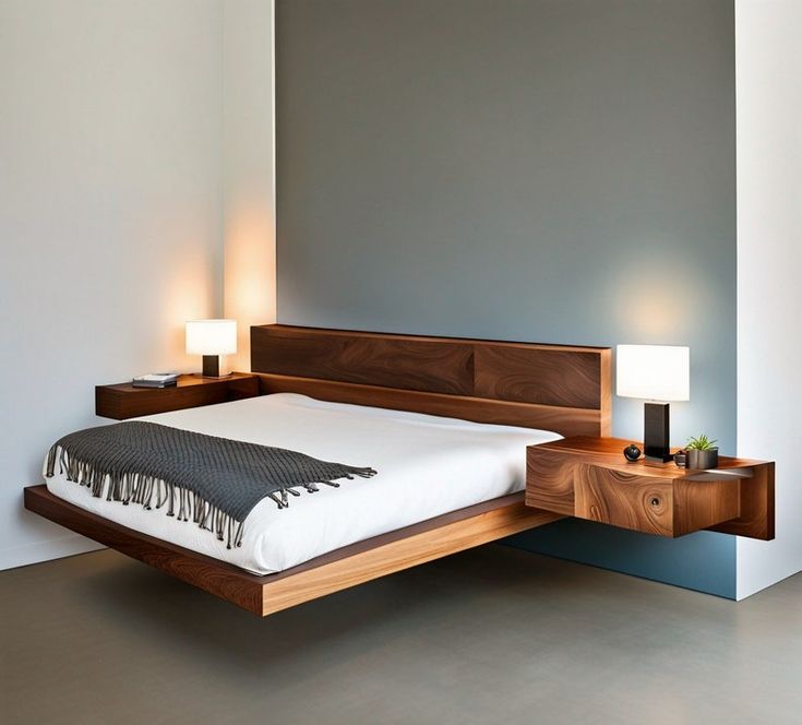 a bed sitting in the middle of a room with two lamps on either side of it