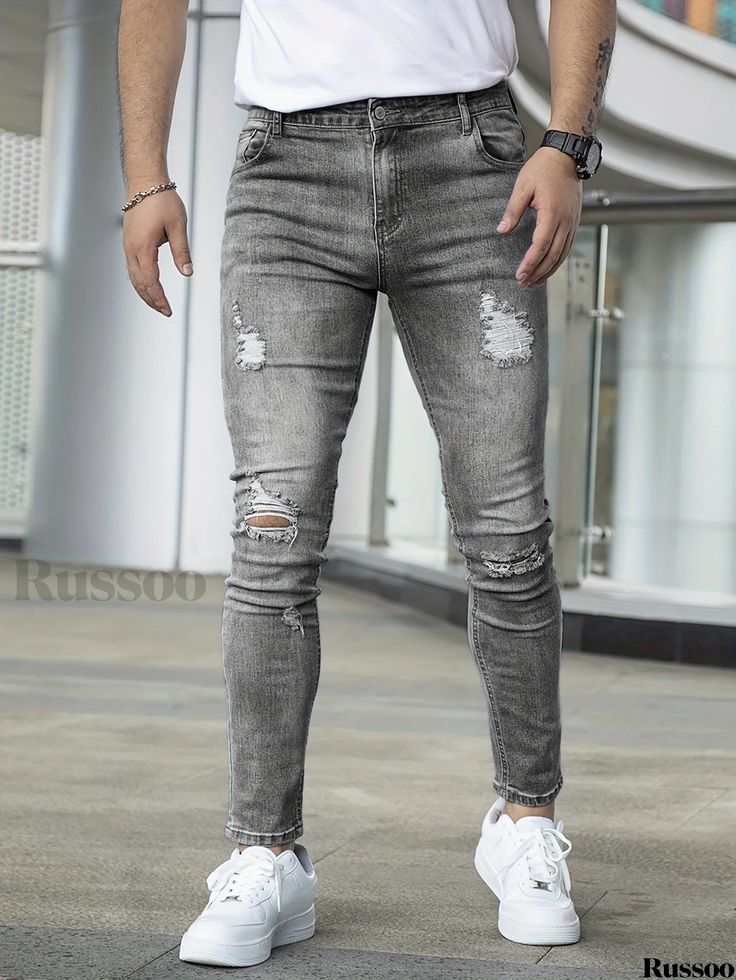 Russoo - Urban Chic: Mens Medium Stretch Denim Pants with Distressed Accents Casual Gray Distressed Jeans, Spring Gray Ripped Bottoms, Gray Ripped Straight Leg Bottoms, Distressed Gray Jeans For Spring, Ripped Gray Denim Bottoms, Gray Ripped Denim Bottoms, Gray Ripped Jeans For Spring, Spring Ripped Gray Jeans, Spring Gray Ripped Jeans