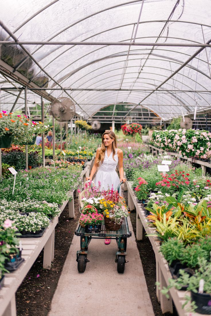 a woman pushing a cart filled with lots of flowers in a garden center surrounded by greenhouses