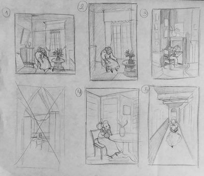 four drawings of people sitting in different rooms