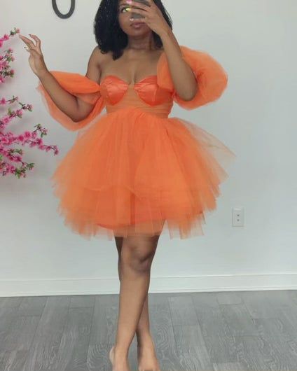 Custom made Ada dress 💕 – Oyemwen Fitted Orange Dress For Homecoming, Fitted Orange Homecoming Dress, Orange A-line Evening Dress, Party Bubble Dress With Fitted Bodice In Mini Length, Party Bubble Dress With Fitted Bodice And Mini Length, Party Bubble Dress With Fitted Bodice, Orange Dress For Costume Party, Fitted Orange Tulle Dress, Orange Tulle Dress For Party