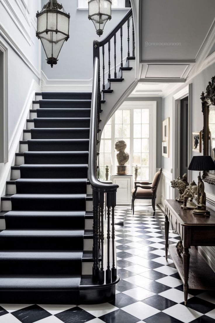 a staircase with black and white checkered flooring