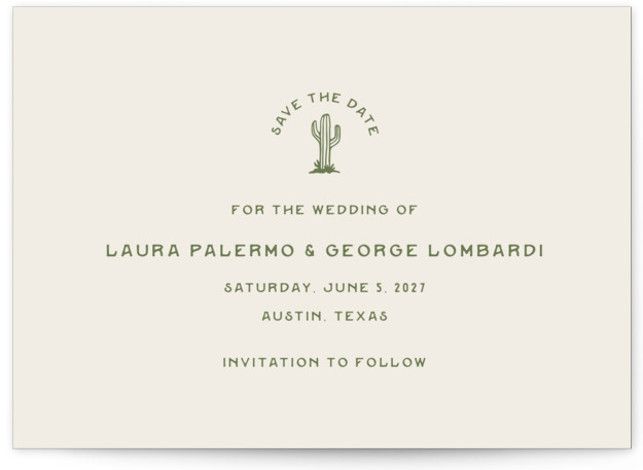 the save the date card is shown in green and white, with a cactus on it