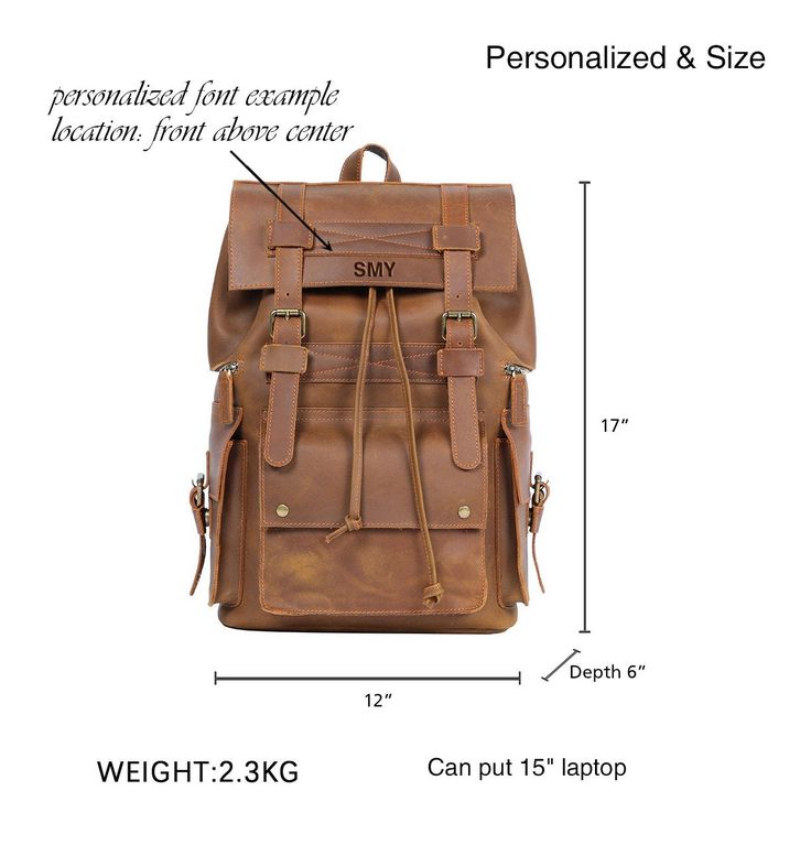 "Full Grain Leather Backpack, Leather Travel Backpack, Office Bag, School Bag, Can be personalized, Will be your best companion for school, office, and travel... Features: * Bag Size : 17\" x 12\" x 6\" inches; * Made with The first layer of cowhide; * Full Grain Leather, retro style, simple, thick and durable; * It's a great gift for friends, yourself and family. Personalization: Location: Front above center, Please refer to the picture for details. we can emboss up to 8 CAPITAL letters (includ Leather Bags For Students Back To School, Leather Bags For Students For Back To School, Leather Bag For Back To School, Leather School Bag For Back To School, Leather Backpack For Daily Use, Back To School, Leather Rectangular Backpack For Back To School, Rectangular Bags For Adventure And Back To School, Rectangular Bags For Back To School Adventure, Customizable Rectangular Backpack For Daily Use