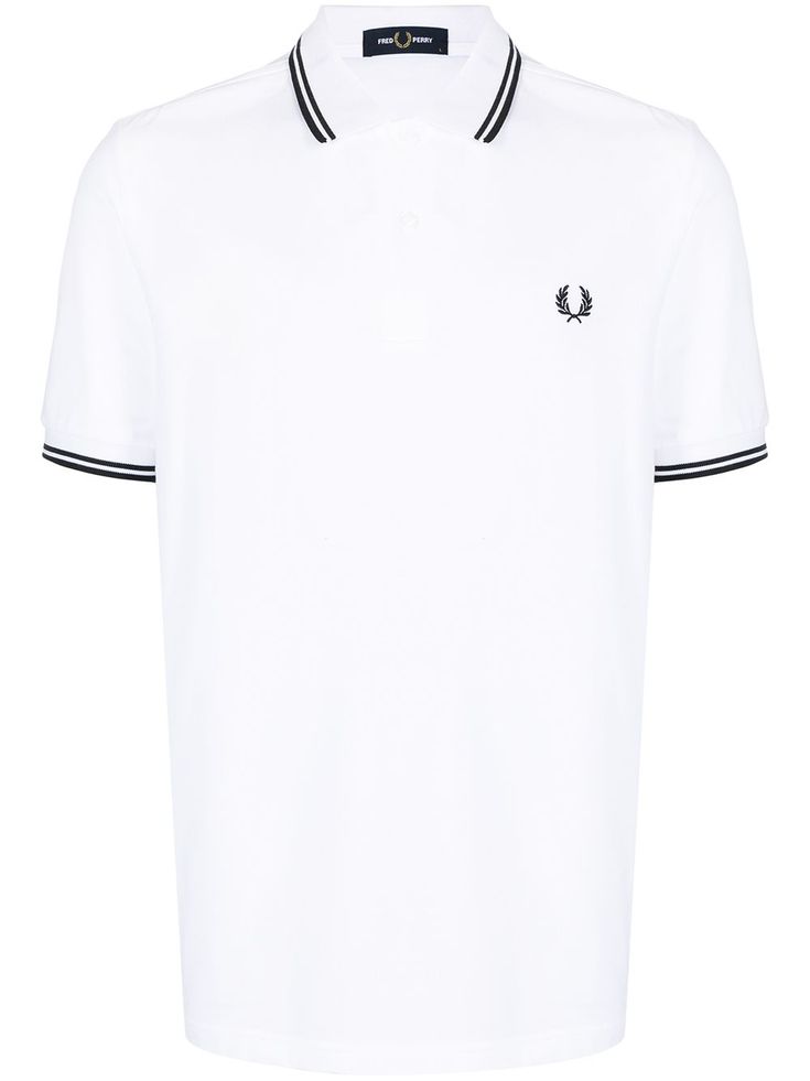 White cotton logo-print polo shirt from FRED PERRY featuring embroidered logo at the chest, stripe trim, polo collar and short sleeves. White Polo T-shirt With Striped Collar, Classic White T-shirt With Ribbed Collar, Collared Cotton T-shirt With Embroidered Logo, Classic Short Sleeve Shirt With Contrast Collar, Classic White Polo Shirt With Embroidered Logo, Classic Polo Shirt With Contrast Collar For Summer, Classic White Polo Shirt With Ribbed Collar, Summer Polo Shirt With Contrast Collar And Short Sleeves, White Classic T-shirt With Ribbed Collar