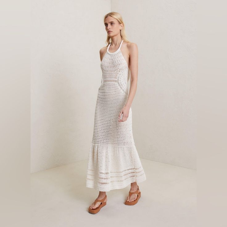 A.L.C. Antonia Crochet Halter Dress In Off White In Size Xs Approximately 58in From Shoulder To Hem 78% Cotton, 22% Polyamide Dry Clean Only Fitted Crochet Maxi Dress With Crochet Trim, Elegant Sleeveless Maxi Dress With Crochet Trim, Elegant Fitted Maxi Dress With Crochet Trim, Daywear Dresses With Crochet Trim, Fitted Maxi Dress With Crochet Trim, Chic Maxi Dress With Crochet Trim, Feminine Crochet Lace Summer Dress, Feminine Fitted Dress With Crochet Trim, Feminine Summer Crochet Midi Dress