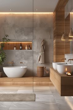 a bathroom with two sinks and a bathtub in the middle, surrounded by wooden shelves