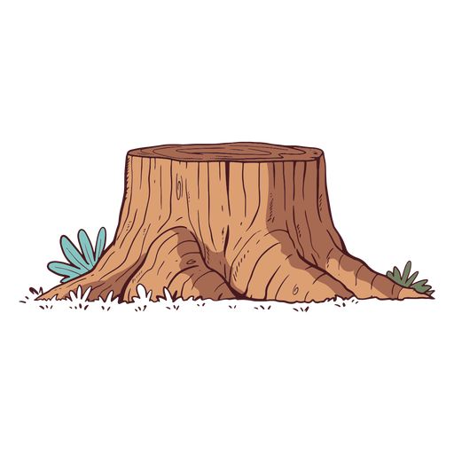 an illustration of a tree stump with plants growing out of the base and grass around it