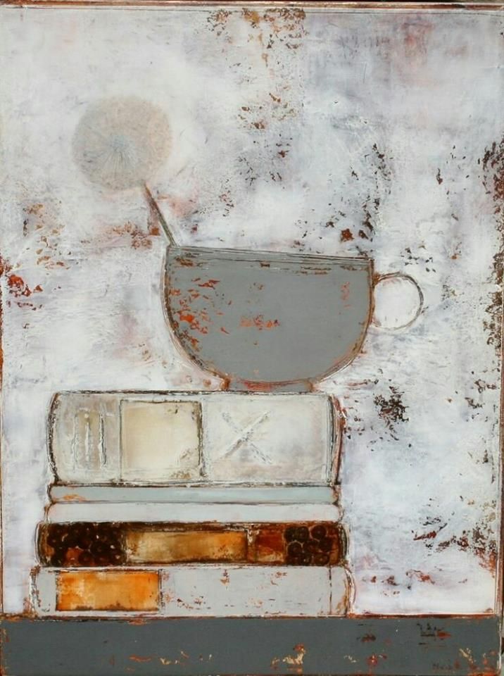 a painting with a cup on top of some books and a spoon in the middle