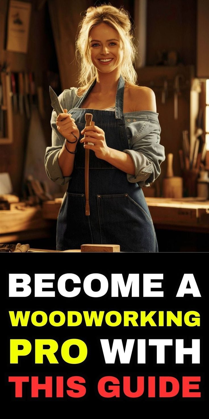 a woman in overalls is smiling and holding a knife with the words become a woodworking pro with this guide