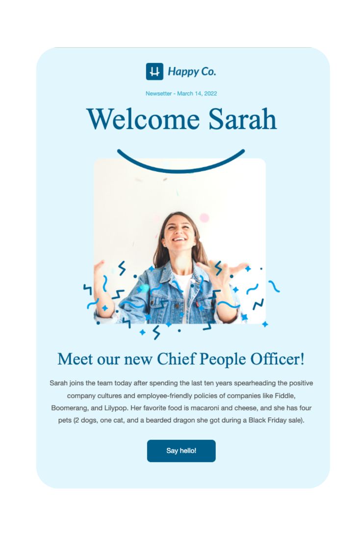 the homepage for happy co's new website, welcome sarah on twitter