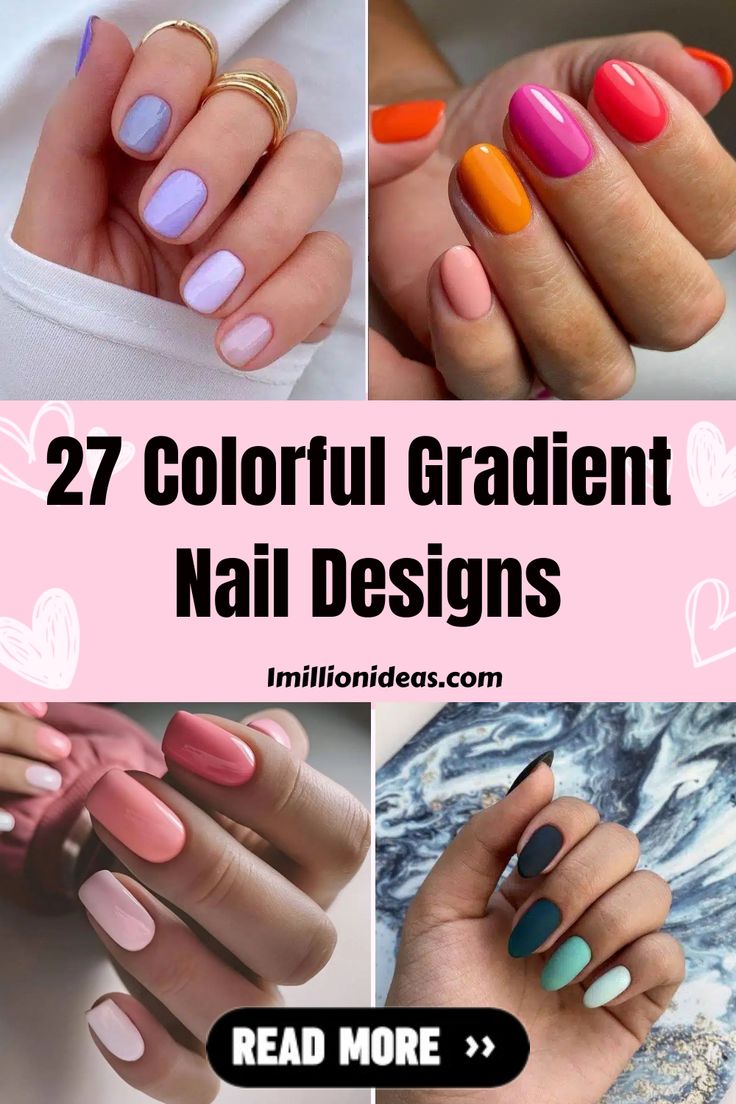 Gradient nails are taking the Internet by storm and we just can’t get enough of it. This nail trend is cute, colorful,… 5 Color Nails Summer, Nail Color Gradient, Bright Gradient Nails, Colorful Gradient Nails, Fall Nail Gradient, Colour Gradient Nails, Ombre Different Color Nails, Gradient Short Nails, Gradient Summer Nails