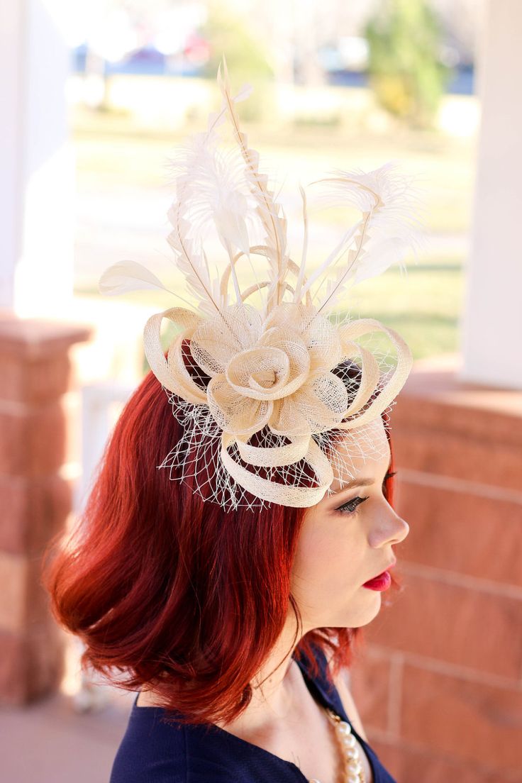 "Sinamay Fascinator with feathers attaches with hair comb. Style: The Ellie Rose ♥Attaches with hair comb which allows you to place the piece as you like. ♥Ultra Light & comfortable to wear. ♥Packed and shipped in a sturdy box with special love & care to ensure a safe delivery. ♥Includes a hat care card with instructions on how to care for & keep your piece beautiful. ♥Over 14,000 pieces sold & 2,000 5 star reviews. Our \"Hive Girls\" come back year after year for their next hat Elegant Mini Hats With Feathers For Carnival, Beige Headband Mini Hat For Kentucky Derby, Beige Mini Hat Headband For Kentucky Derby, Beige Kentucky Derby Mini Hat Headband, Elegant Ostrich Feather Fascinator For Wedding, Adjustable Headpieces For Kentucky Derby And Vintage Events, Wedding Fascinator With Ostrich Feathers, Feathered Hats For Wedding And Carnival, Wedding Fascinator With Feather Trim For Royal Ascot