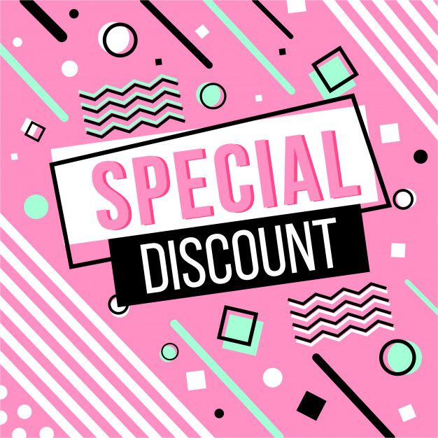 a pink background with black and white text that says special discount on it, surrounded by geometric shapes