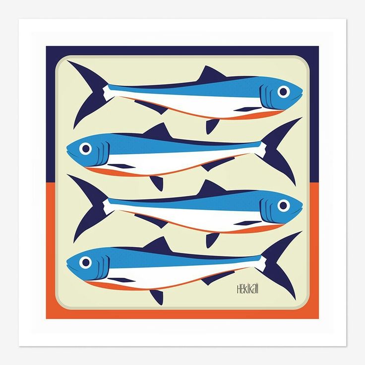 three blue and white fish on a beige background with an orange border around the edges