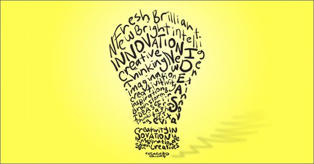 a light bulb with words written all over it on a yellow background that says innovation