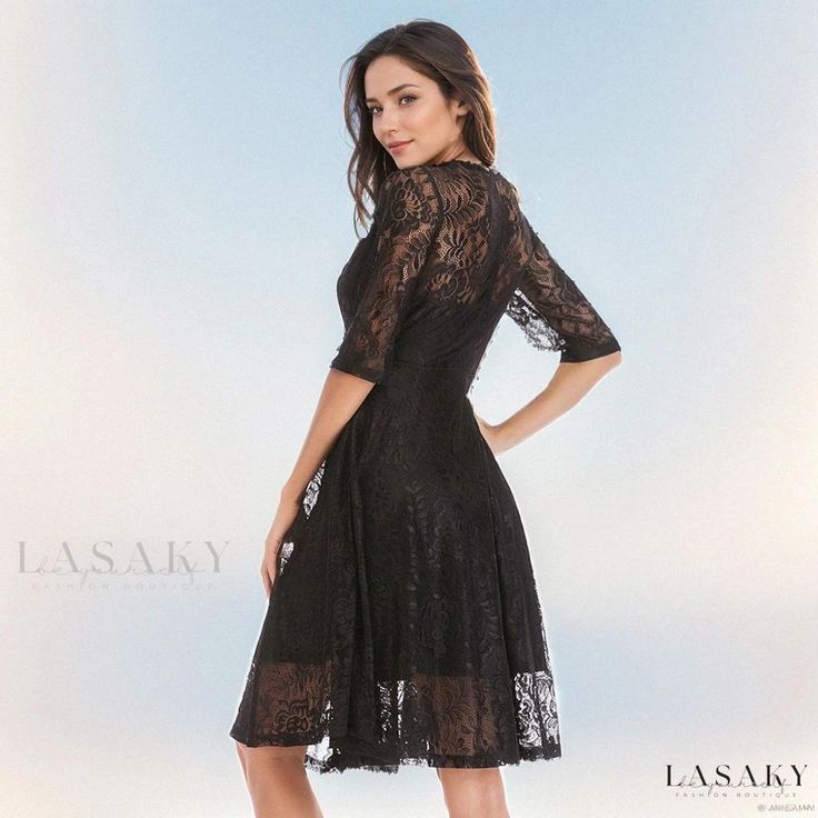 Lasaky - Beautiful Wrap Design Long Dress with Flared Hem and Embellishments Elegant Summer Lace Evening Dress, Elegant Summer Evening Lace Dress, Summer Evening Mini Dress With Half Sleeves, Fit And Flare Midi Lace Party Dress, Chic Half-sleeve Midi Party Dress, Holiday Evening Knee-length Dress, Elegant Short Sleeve Midi Dress For Holiday, Elegant Fitted Dresses For Holiday, Elegant Short Sleeve Holiday Midi Dress