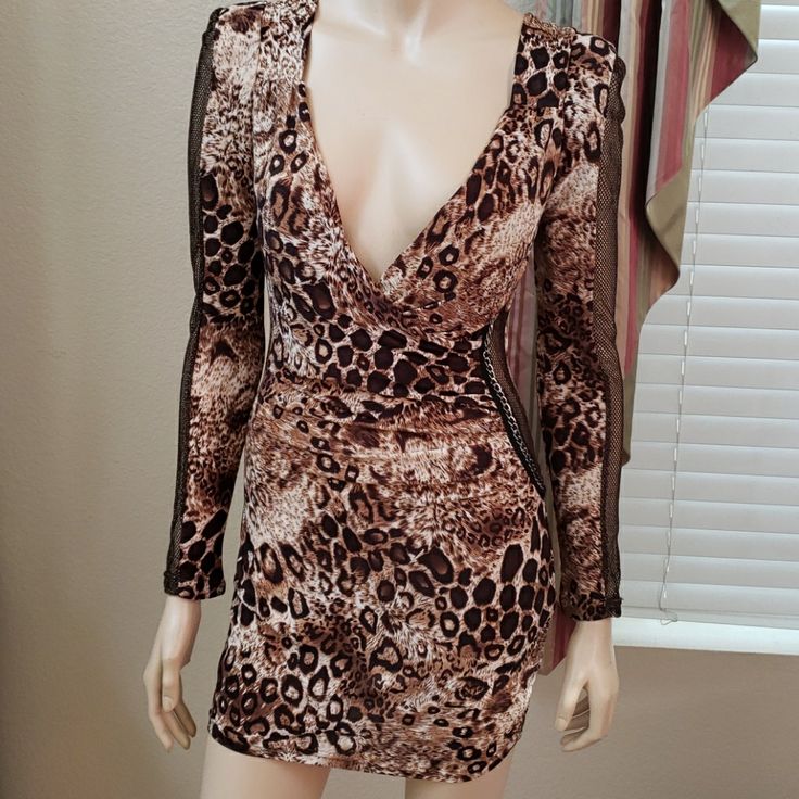 Day And Night Leopard Print Dress. This Dress Is Brand New Never Worn With Tags Sheer V-neck Bodycon Dress For Party, Brown V-neck Mini Dress For Party, Brown Stretch Dresses For Party, Sheer Long Sleeve Dress For Going Out, Long Sleeve Sheer Dresses For Going Out, Party Sheer V-neck Bodycon Dress, Leopard Print V-neck Mini Dress For Party, Sheer V-neck Bodycon Dress For Night Out, Long Sleeve Brown Club Dress