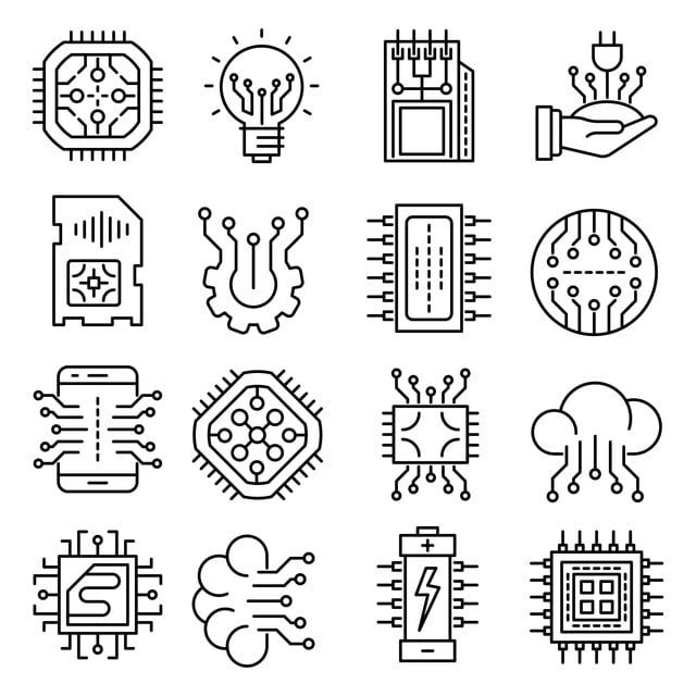 electronic components and circuit boards are depicted in this set of thin line art illustrations,