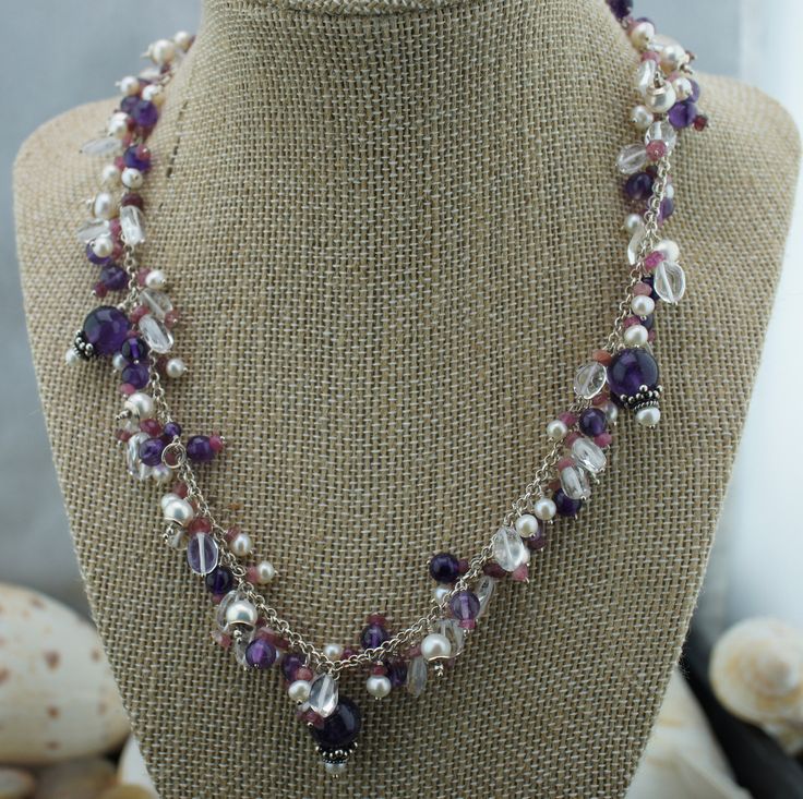 This is the perfect option for those who like cool, unique jewelry and the luxury, shine of silver, purple, clear, white. This set is well made, cute and/or elegant in design, and very desirable. The necklace is decorated with different sizes, shape and color beads. The clasp is in good working condition. ♥ Age/Era: Circa before the 2000s. ♥ The necklace has no hallmark, but It is sterling 925, tested with acid. ♥ The necklace is about 17.5'' long. Everyone interested in the jewelry should remem Silver Wire-wrapped Crystal Jewelry, Silver Wire Wrapped Crystal Jewelry, Wire Wrapped Silver Crystal Jewelry, White Polished Bead Sterling Silver Necklace, Silver Crystal Necklaces With Polished Beads For Gifts, White Polished Beads Sterling Silver Necklace, White Sterling Silver Necklace With Polished Beads, Silver Sterling Beaded Gemstone Necklace, Silver Sterling Silver Beaded Gemstone Necklace