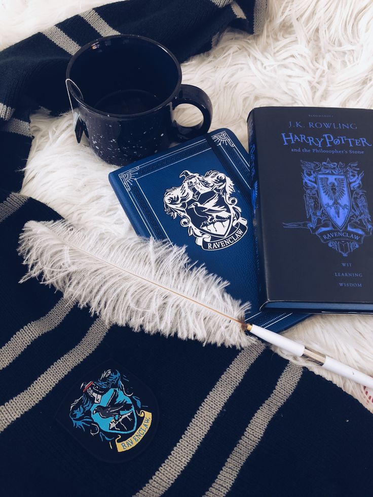 two harry potter books and a mug on a blanket