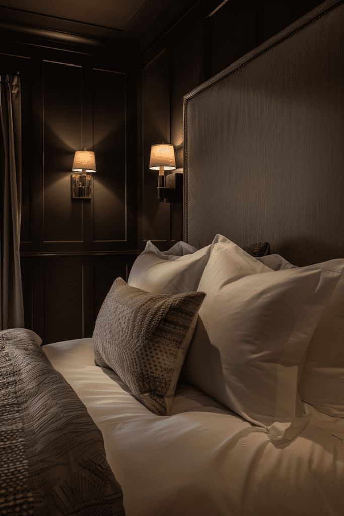 a bed with white sheets and pillows in a dark room next to two lamps on the wall