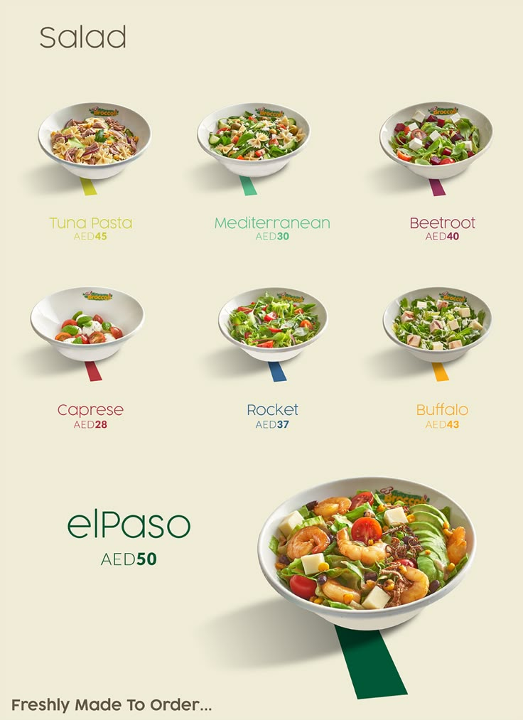 a poster with different types of salads in bowls on it's sides, including broccoli, carrots, celery, and other vegetables