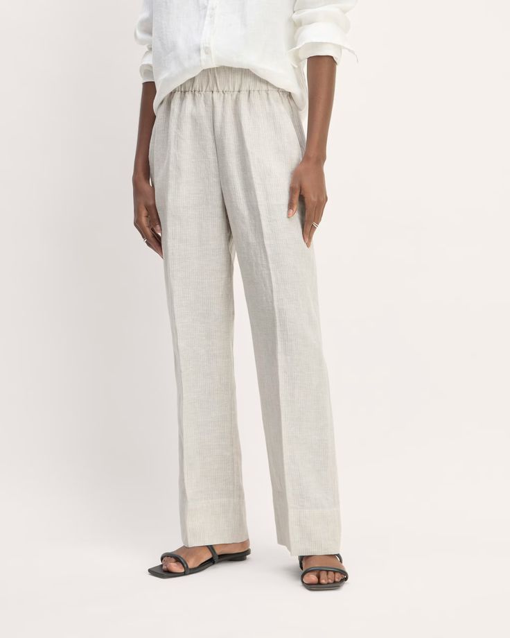 The Linen Easy Pant Stone / White – Everlane Summer Linen Bottoms In Neutral Color, Summer Linen Pull-on Style Bottoms, Linen Bottoms With Elastic Waistband In Flax Color, Chic Linen Pull-on Pants, Flax Linen Bottoms With Elastic Waistband, Linen Wide Leg Bottoms With Pull-on Style, Wide Leg Linen Bottoms With Pull-on Style, Linen Wide-leg Pull-on Bottoms, Pull-on Linen Wide-leg Pants