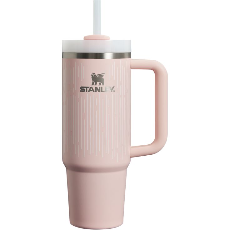 a pink travel mug with a straw sticking out of it's top and handle