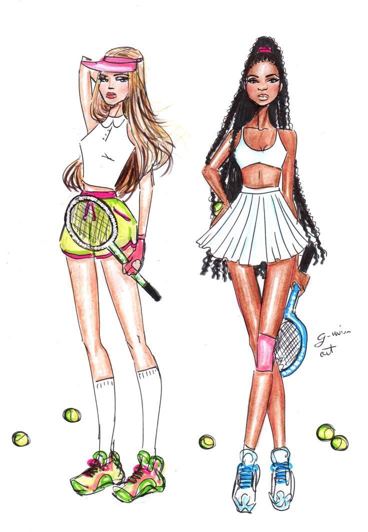 two women in tennis outfits with rackets and balls