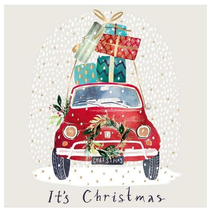 a red car with presents on top and the words it's christmas written below