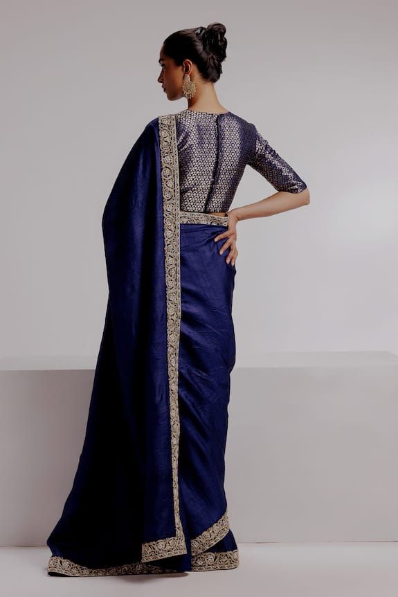 Blue saree featuring bead embroidered floral border on an woven base. Comes with kadhwa woven floral blouse and petticoat. - Aza Fashions Border Saree, Embroidered Border, Blue Saree, Types Of Work, Floral Border, Raw Silk, Set For Women, Floral Blouse, Petticoat