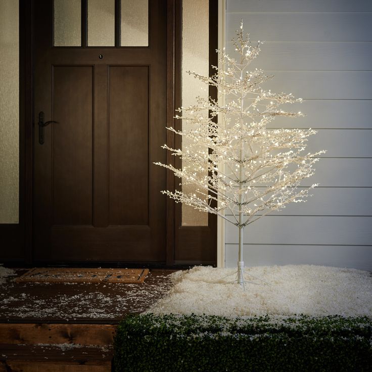 a small white christmas tree sitting in front of a door with snow on the ground