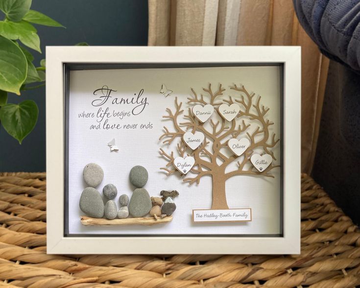 a family tree made out of rocks sitting on top of a wicker basket