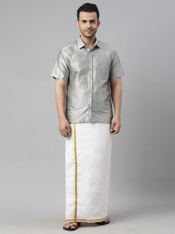 vastramay mens gray color solid ethnic shirt and mundu set Traditional Festive Short Sleeve Shirt, Traditional Short Sleeve Festive Shirt, Traditional Short Sleeve Festive Kurta, Short Sleeve Traditional Wear For Eid, Festive Traditional Wear With Short Sleeves, Traditional Wear With Short Sleeve And Pallu, Traditional Short Sleeve Kurta For Navratri, Traditional Short Sleeve Wear For Festivals, Short Sleeve Traditional Wear For Festivals