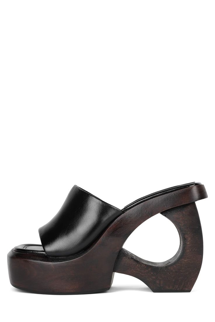 Sculpted wooden cut-out wedge platform sandal Fits true to size Measurements taken from a size 7 4.5" Heel, 1.5" Platform Leather Upper, Leather Lining, Synthetic Sole Cute Wedge Boots, Prom Wedges, Jeffrey Campbell Platform, Wedge Shoe, Wardrobe Pieces, Funky Shoes, Wooden Shoes, Shoe Inspo, Wooden Heel