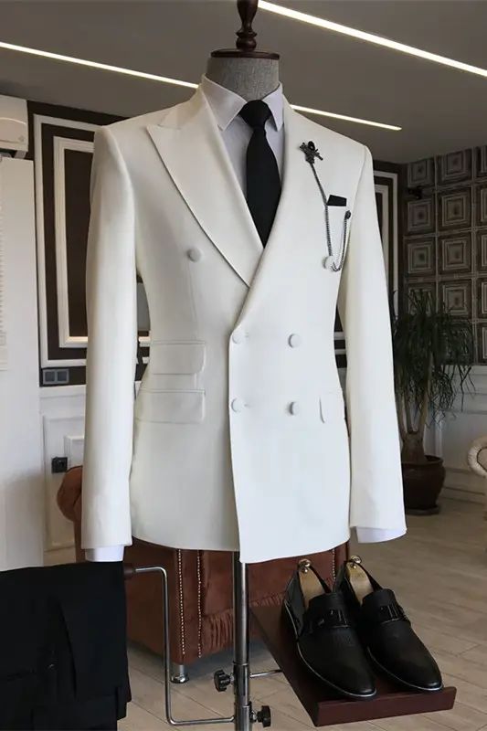 Chris Simple White Peaked Lapel Two Pieces Men Suits For Prom Black And White Wedding Suit, White Blazer Black Pants, Graduation Suit, Mens White Suit, Double Breasted Suit Men, Prom Suits For Men, Double Breasted Tuxedo, Women's Vests, Classy Suits