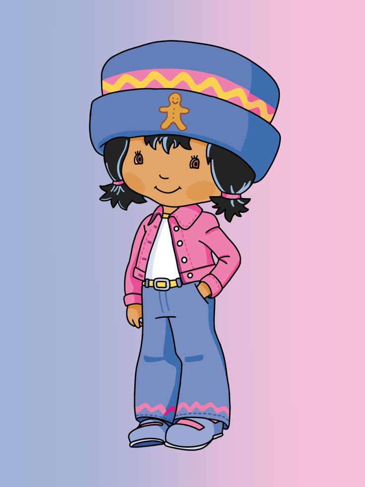 a drawing of a girl wearing a blue hat and pink jacket, standing with her hands on her hips