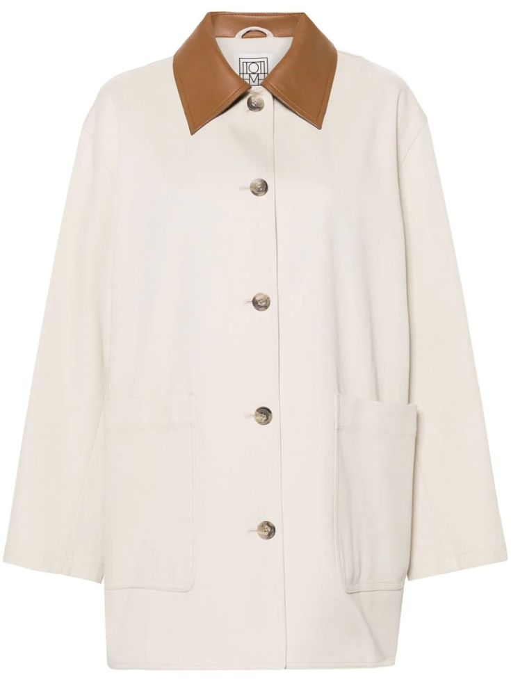 Shop TOTEME contrasting-collar twill shirt jacket Cream Outerwear With Concealed Placket For Work, White Outerwear With Concealed Placket And Lapel Collar, White Outerwear With Lapel Collar And Concealed Placket, White Shacket With Pockets For Work, Neutral Shacket For Workwear, Cream Outerwear With Lapel Collar And Patch Pockets, Beige Outerwear With Patch Pockets And Spread Collar, Beige Shacket With Lapel Collar, Beige Single Breasted Collared Shacket