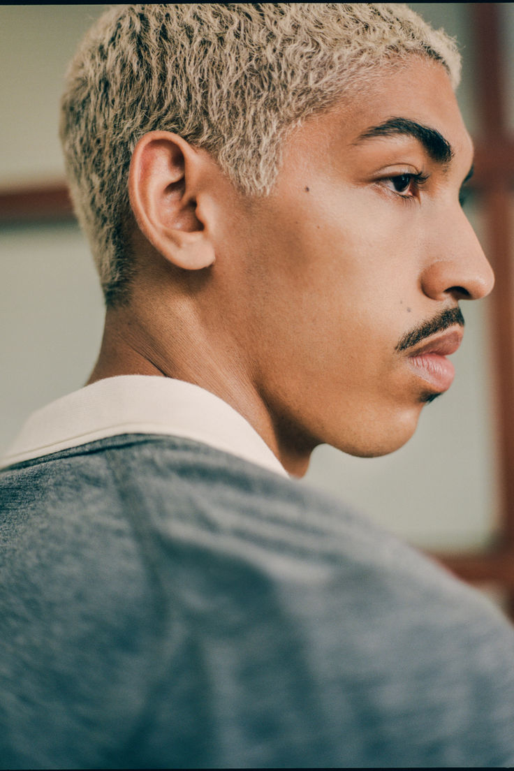 Man wearing Knitted Polo Blonde Hair Moustache Messy Fringe, Gentlemens Guide, Knit Polo, Buzz Cut, Pompadour, Popular Hairstyles, Smooth Texture, Men's Style, Formal Wear