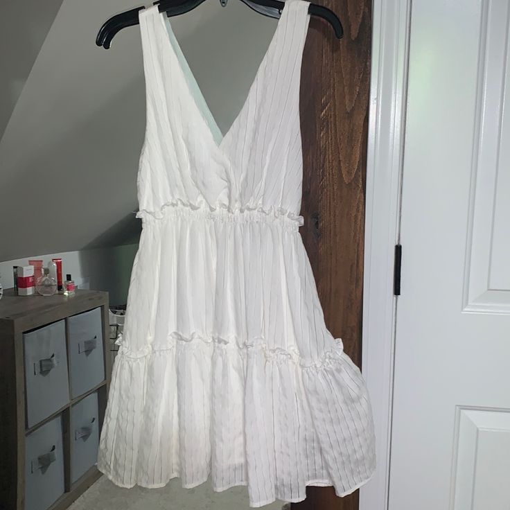 White Flowy V Neck Mini Dress. Taylor Swift Debut Era Vibes Chic V-neck Sundress For Daytime, Flowy V-neck Sundress For Daytime, Breezy V-neck Mini Dress For Brunch, Breezy V-neck Mini Dress For Day Out, Daytime V-neck Sundress, Flowy V-neck Mini Dress, Flowy V-neck Mini Dress For Daytime, V-neck Ruffled Sundress For Daytime, Flowy Off-white V-neck Mini Dress